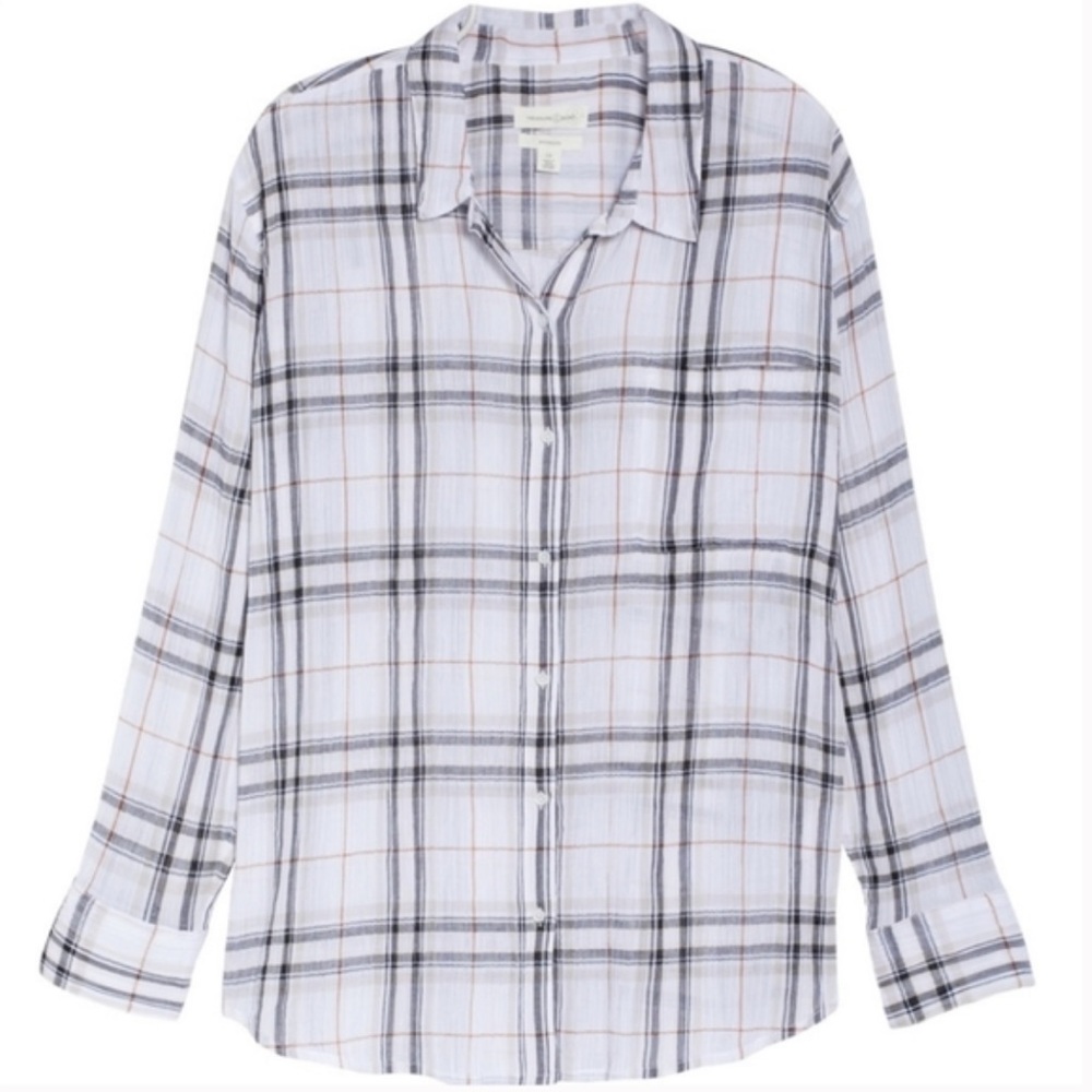 NEW TREASURE & BOND Nordstrom Semi Sheer Boyfriend Fit White Renee Plaid Shirt - Picture 2 of 9